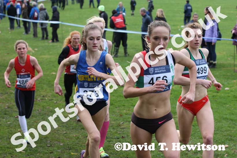 Leaders 373 Lydia Turner (Birtley) under-17, 456 Emelia Gorecka  and Georgia Taylor Brown both under-20s during the under-17 and under-20 womens Liverpool Cross Challenge. David T. Hewitson/Sports for All Pics